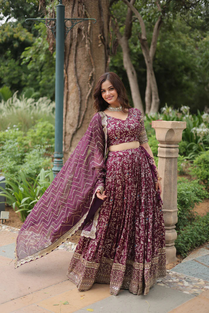Full-Stitched Dyable Viscose Jacquard Lehenga with Golden Sequins Embroidery
