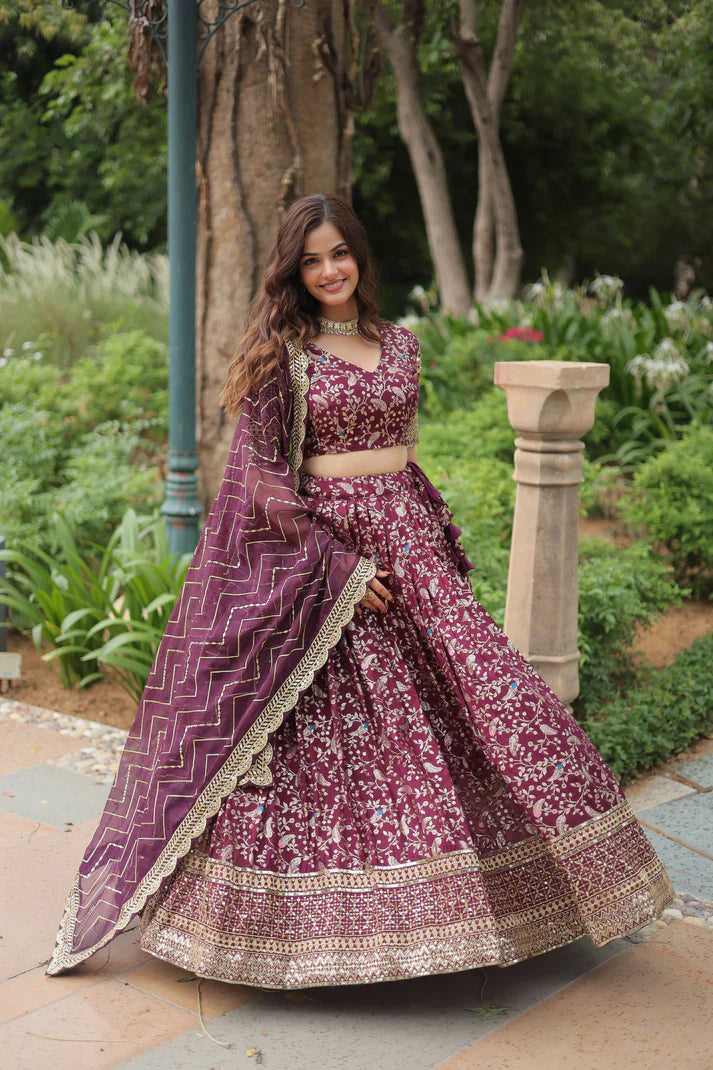 Full-Stitched Dyable Viscose Jacquard Lehenga with Golden Sequins Embroidery
