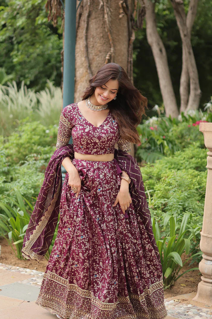 Full-Stitched Dyable Viscose Jacquard Lehenga with Golden Sequins Embroidery