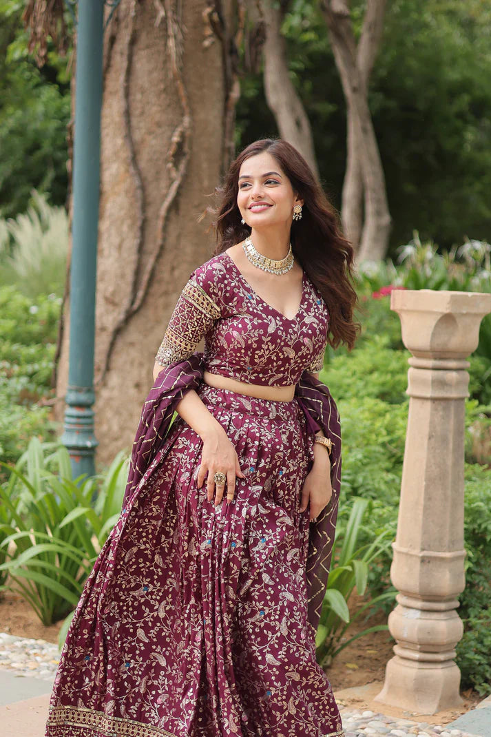 Full-Stitched Dyable Viscose Jacquard Lehenga with Golden Sequins Embroidery