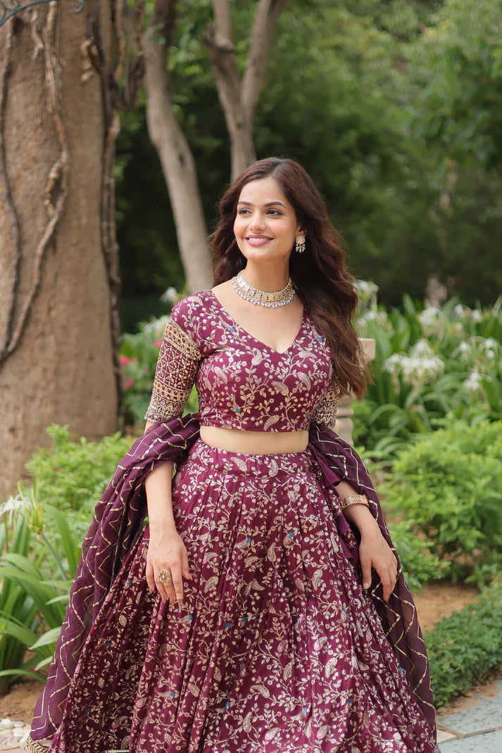 Full-Stitched Dyable Viscose Jacquard Lehenga with Golden Sequins Embroidery