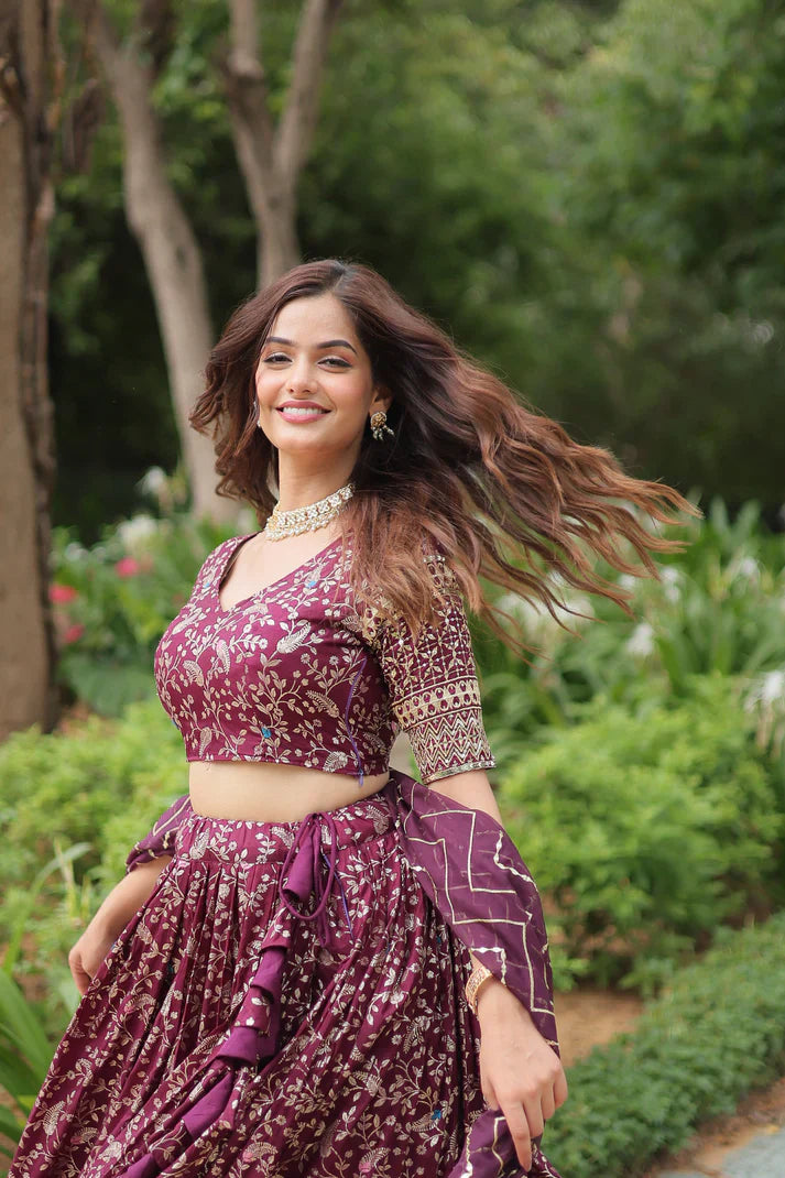 Full-Stitched Dyable Viscose Jacquard Lehenga with Golden Sequins Embroidery