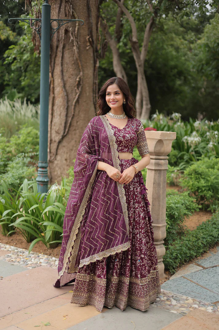 Full-Stitched Dyable Viscose Jacquard Lehenga with Golden Sequins Embroidery