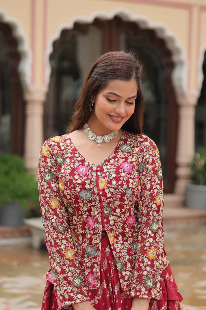 Elegant Full-Stitched Lehenga in Pure Double Viscose Jacquard with Faux Georgette Embroidered Top