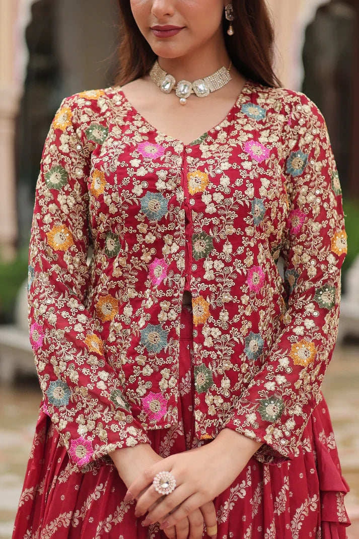 Elegant Full-Stitched Lehenga in Pure Double Viscose Jacquard with Faux Georgette Embroidered Top