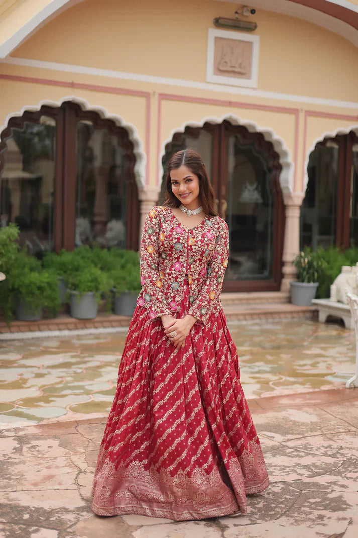 Elegant Full-Stitched Lehenga in Pure Double Viscose Jacquard with Faux Georgette Embroidered Top