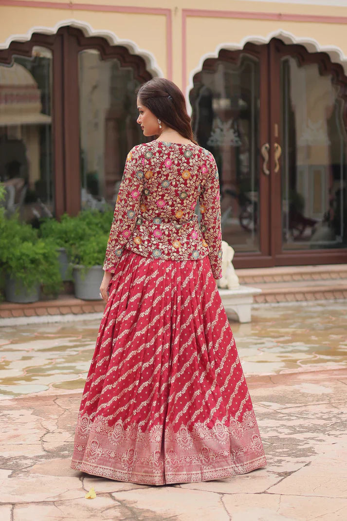 Elegant Full-Stitched Lehenga in Pure Double Viscose Jacquard with Faux Georgette Embroidered Top