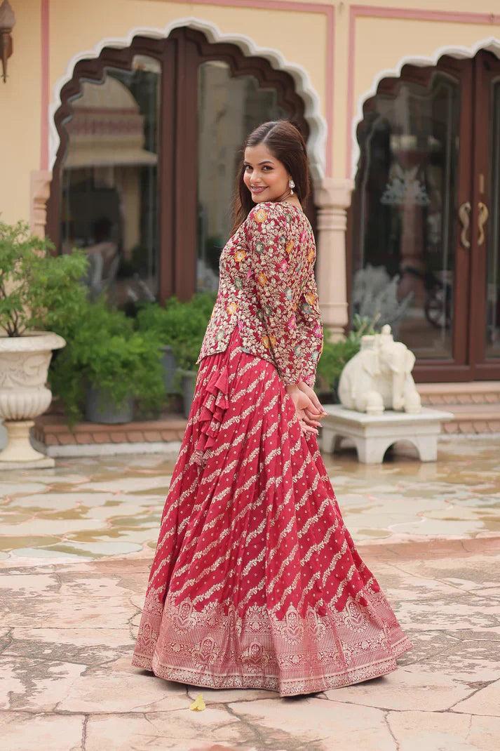 Elegant Full-Stitched Lehenga in Pure Double Viscose Jacquard with Faux Georgette Embroidered Top