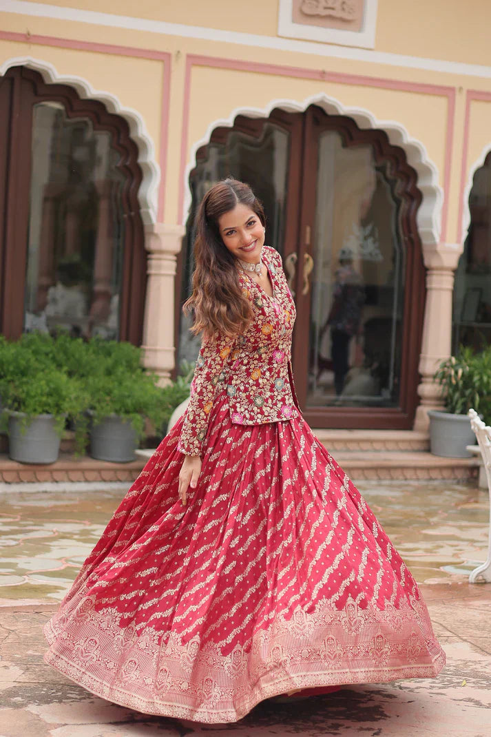 Elegant Full-Stitched Lehenga in Pure Double Viscose Jacquard with Faux Georgette Embroidered Top