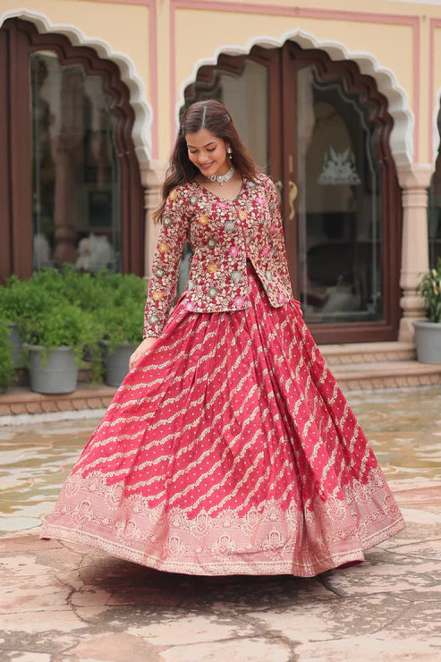 Elegant Full-Stitched Lehenga in Pure Double Viscose Jacquard with Faux Georgette Embroidered Top
