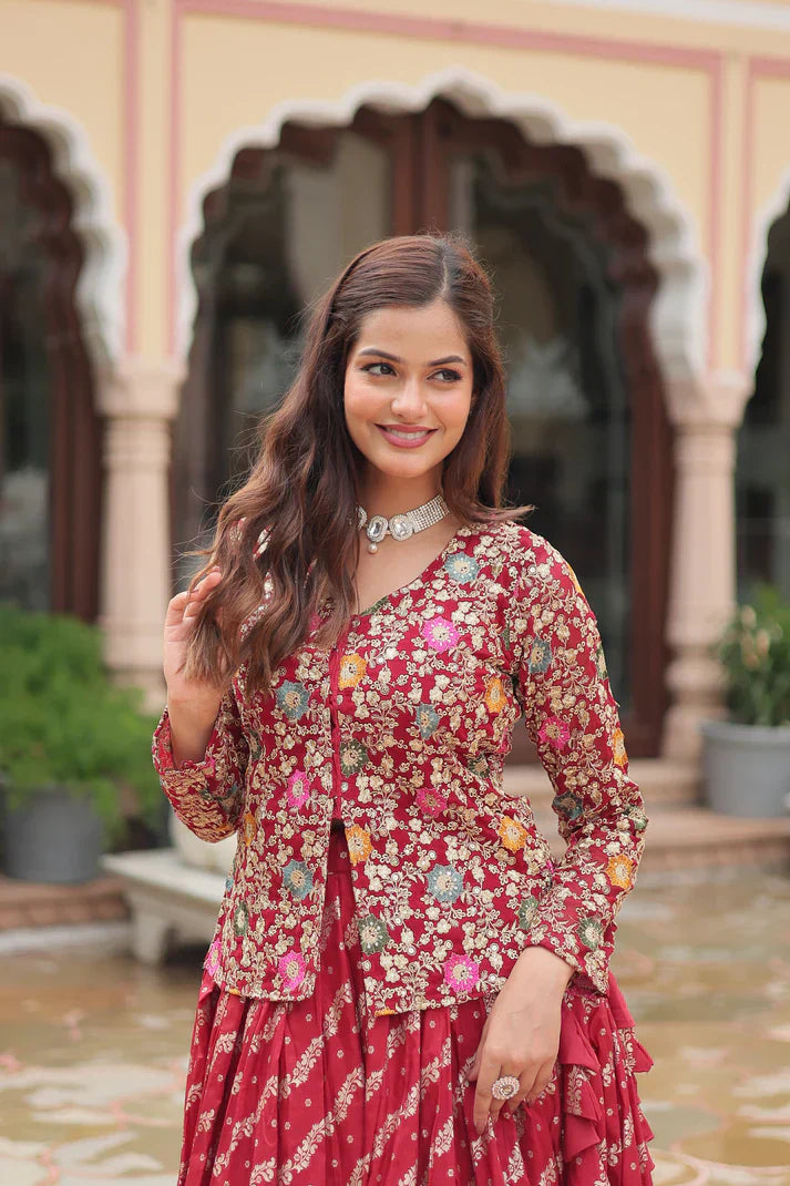 Elegant Full-Stitched Lehenga in Pure Double Viscose Jacquard with Faux Georgette Embroidered Top