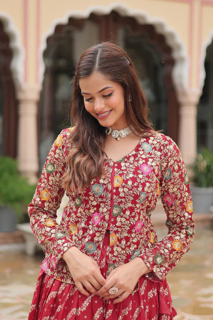 Elegant Full-Stitched Lehenga in Pure Double Viscose Jacquard with Faux Georgette Embroidered Top