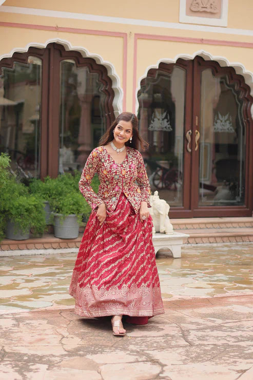 Elegant Full-Stitched Lehenga in Pure Double Viscose Jacquard with Faux Georgette Embroidered Top