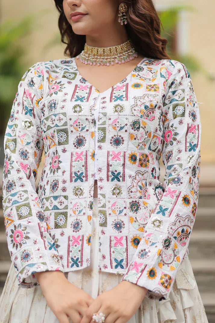 Elegant Full-Stitched Lehenga Set in Pure Double Viscose Jacquard with Faux Georgette Embroidered Top