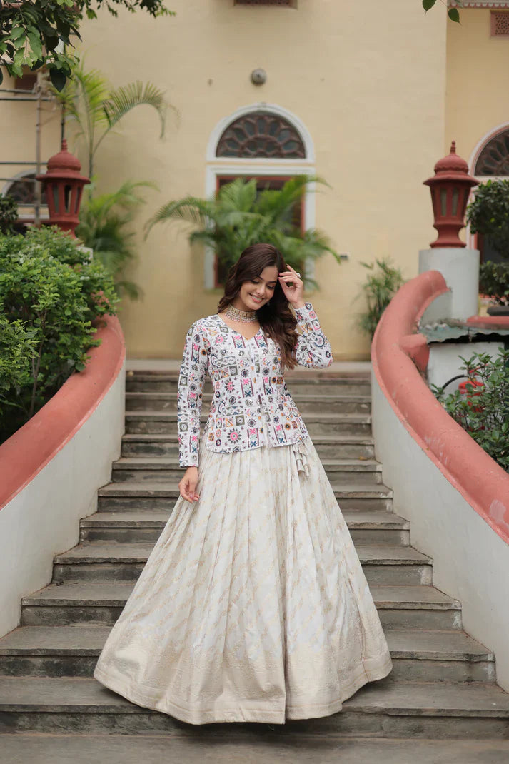 Elegant Pure Dayble Viscose Jacquard Lehenga with Faux Georgette Embroidered Top