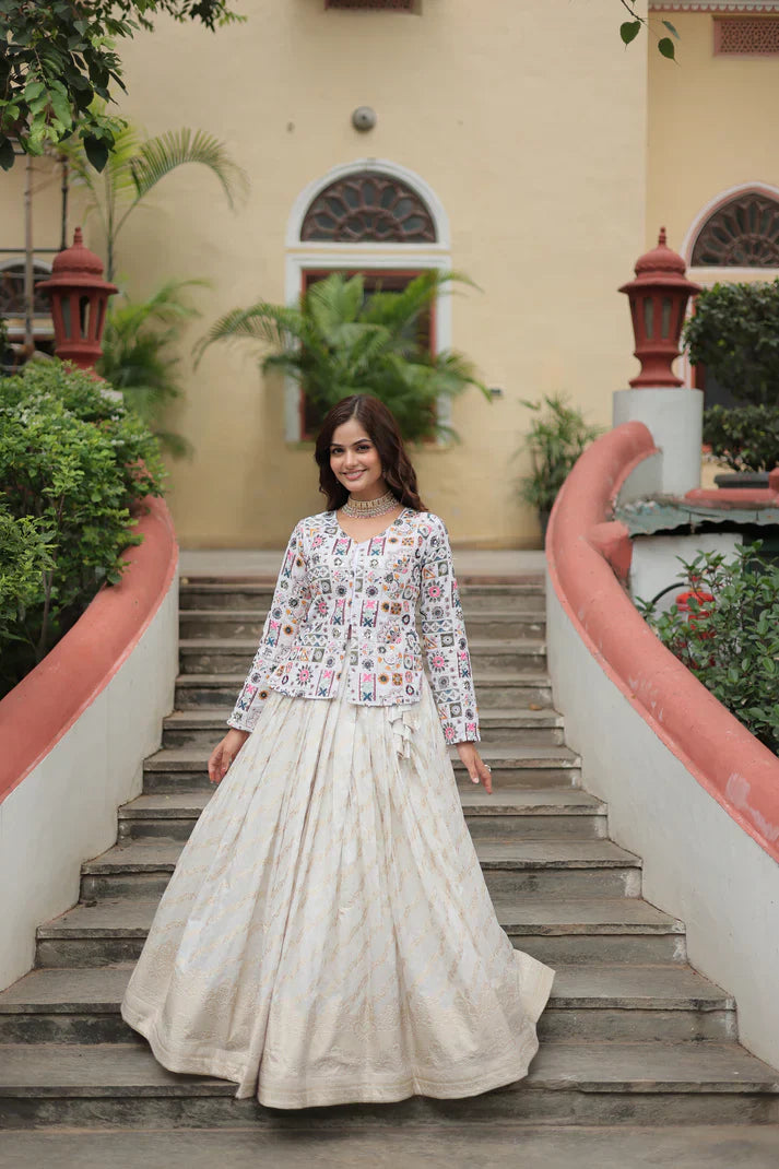 Elegant Full-Stitched Lehenga Set in Pure Double Viscose Jacquard with Faux Georgette Embroidered Top