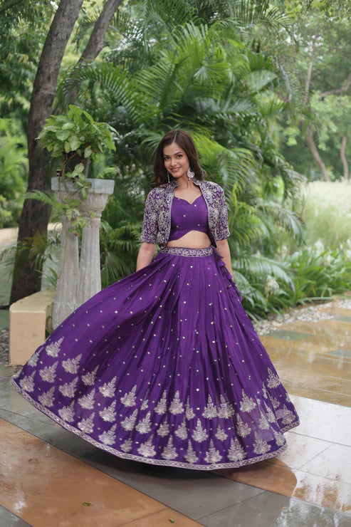Full-Stitched Chinnon Lehenga Set with Rich Sequins Embroidery, Blouse & Koti