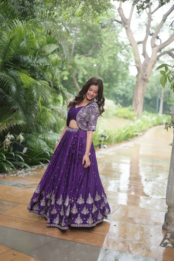 Full-Stitched Chinnon Lehenga Set with Rich Sequins Embroidery, Blouse & Koti