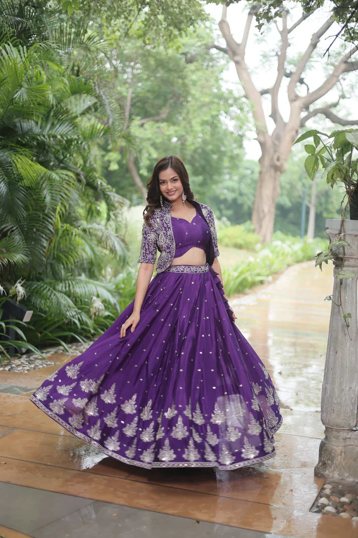 Full-Stitched Chinnon Lehenga Set with Rich Sequins Embroidery, Blouse & Koti