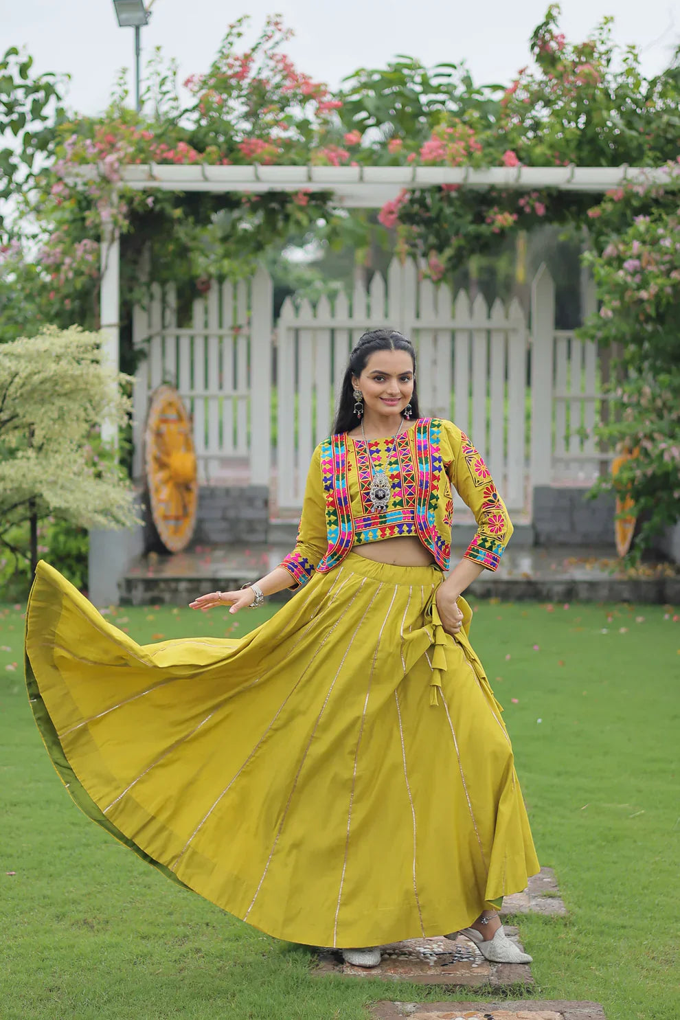 Elegant Roman Fabric Lehenga with Gota-Patti Lace & Kutchi Gamthi Embroidered Koti-Blouse Set