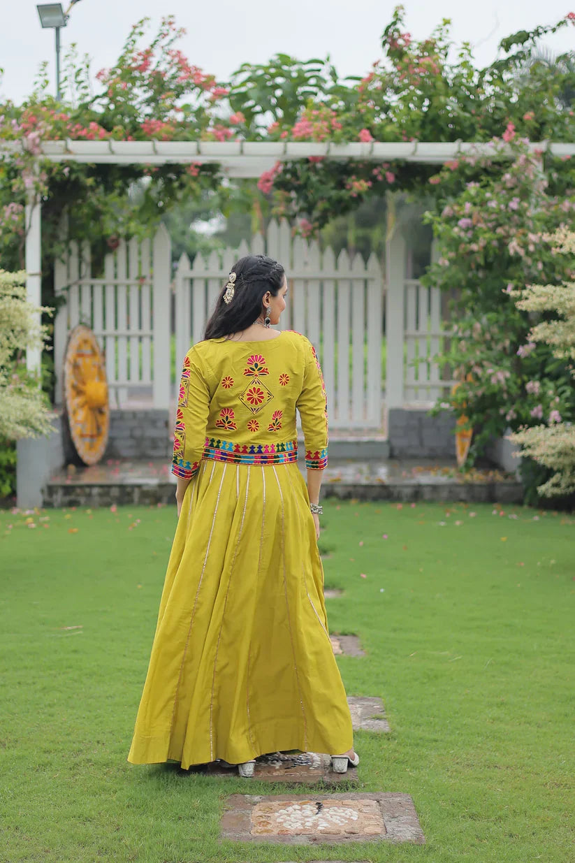 Elegant Roman Fabric Lehenga with Gota-Patti Lace & Kutchi Gamthi Embroidered Koti-Blouse Set