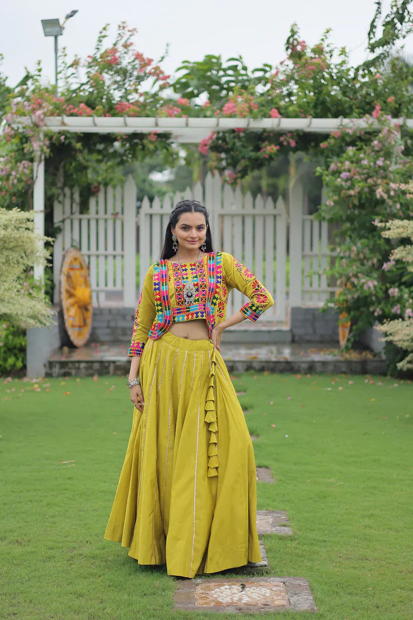 Elegant Roman Fabric Lehenga with Gota-Patti Lace & Kutchi Gamthi Embroidered Koti-Blouse Set