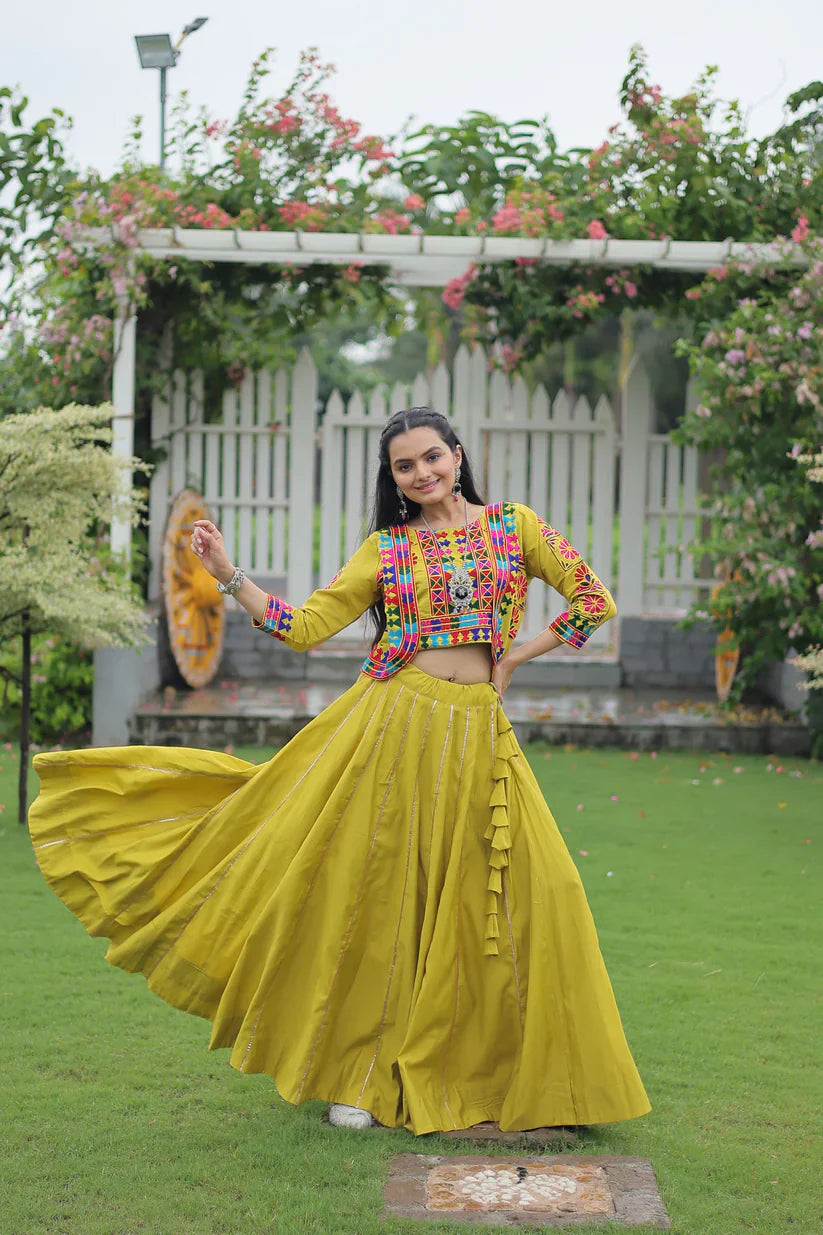 Elegant Roman Fabric Lehenga with Gota-Patti Lace & Kutchi Gamthi Embroidered Koti-Blouse Set