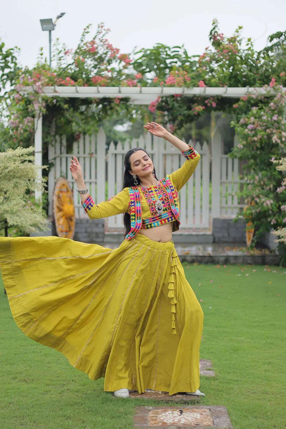 Elegant Roman Fabric Lehenga with Gota-Patti Lace & Kutchi Gamthi Embroidered Koti-Blouse Set