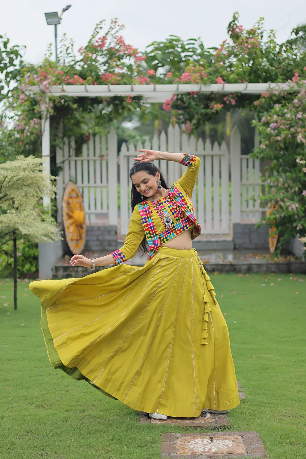 Elegant Roman Fabric Lehenga with Gota-Patti Lace & Kutchi Gamthi Embroidered Koti-Blouse Set