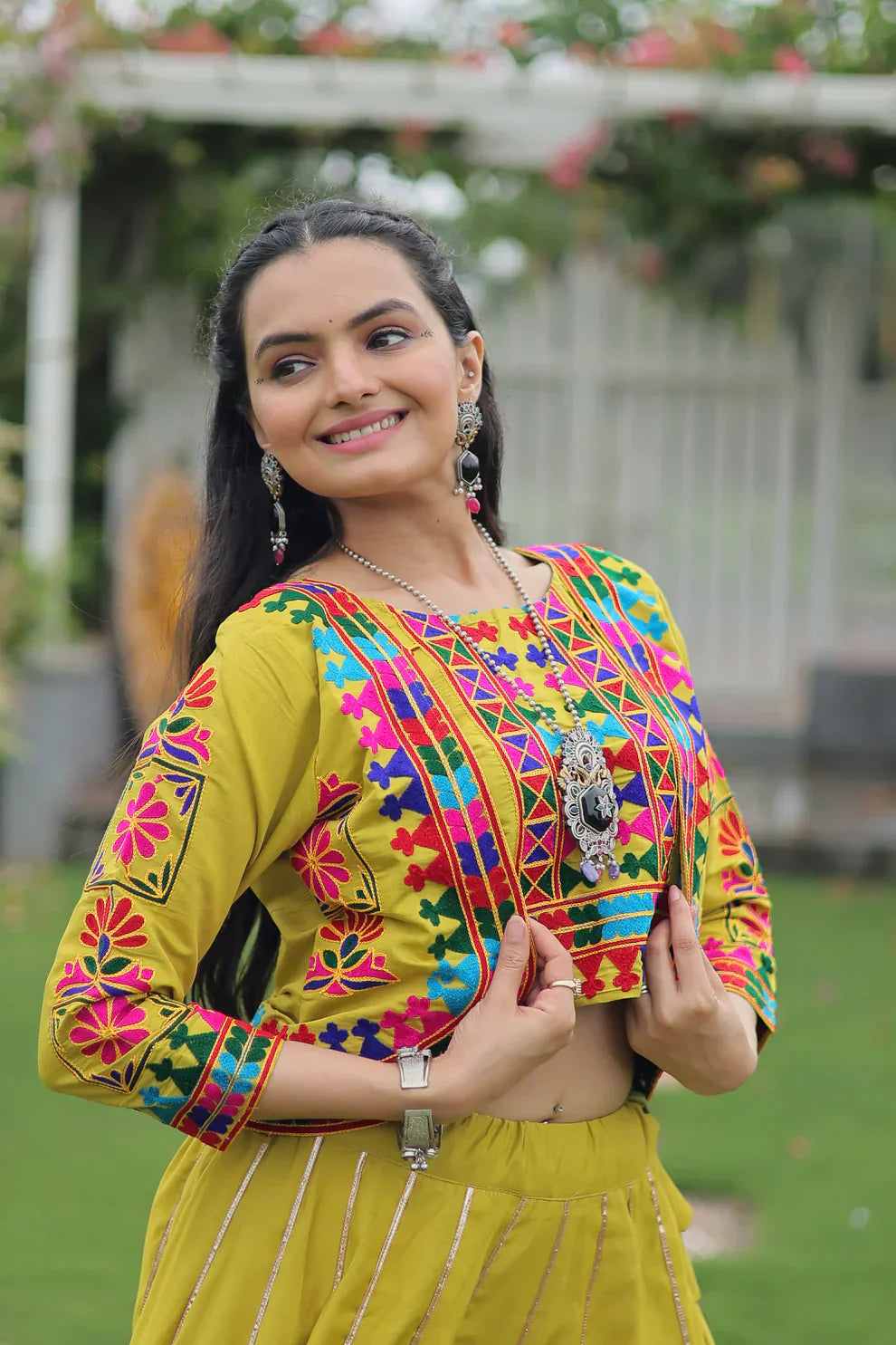 Elegant Roman Fabric Lehenga with Gota-Patti Lace & Kutchi Gamthi Embroidered Koti-Blouse Set