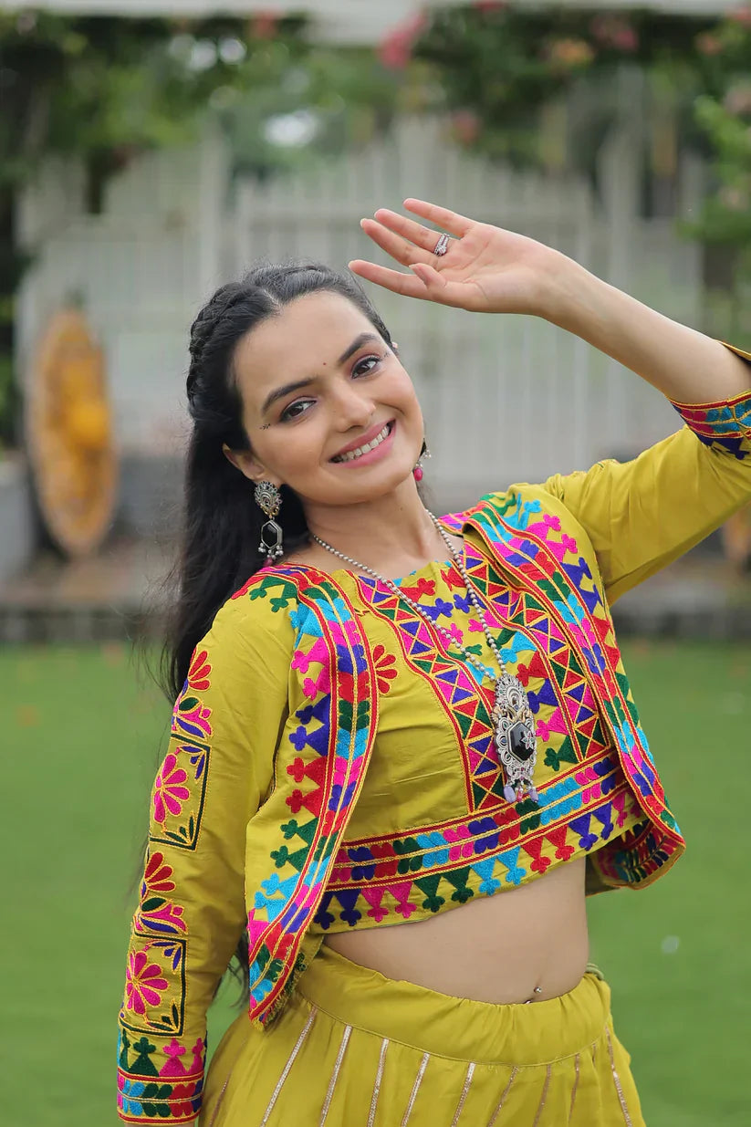 Elegant Roman Fabric Lehenga with Gota-Patti Lace & Kutchi Gamthi Embroidered Koti-Blouse Set