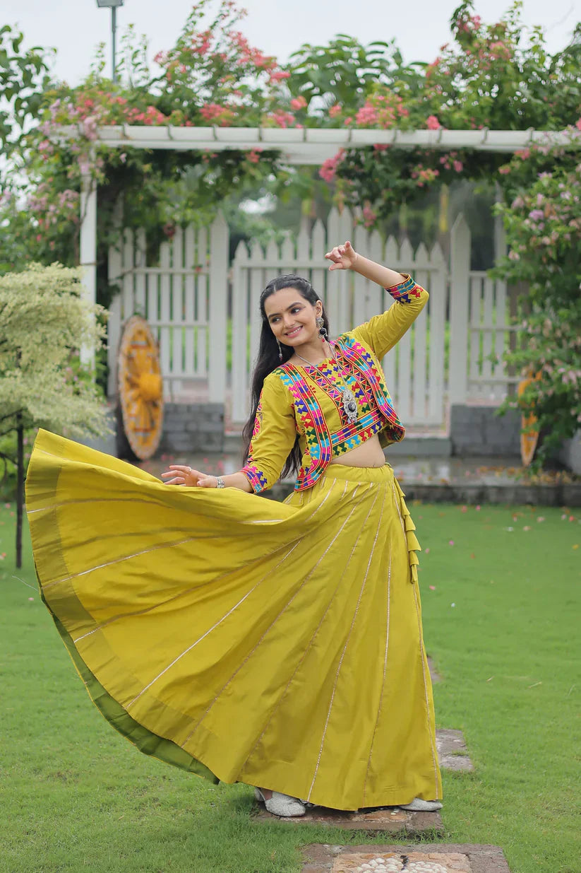 Elegant Roman Fabric Lehenga with Gota-Patti Lace & Kutchi Gamthi Embroidered Koti-Blouse Set