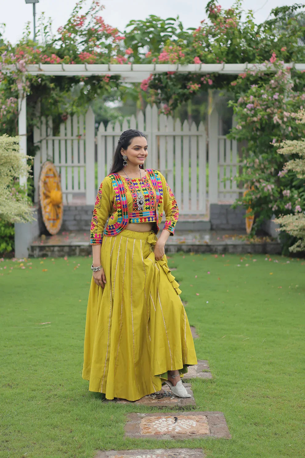 Elegant Roman Fabric Lehenga with Gota-Patti Lace & Kutchi Gamthi Embroidered Koti-Blouse Set