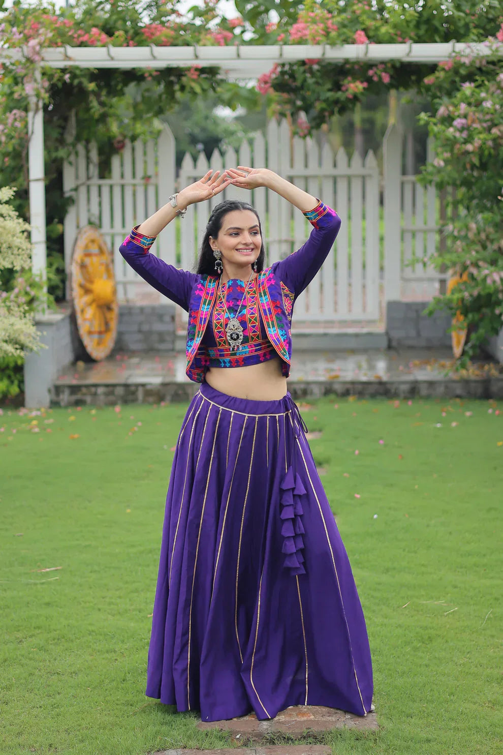 Elegant Roman Fabric Lehenga with Gota-Patti Lace & Kutchi Gamthi Embroidered Full-Stitched Top