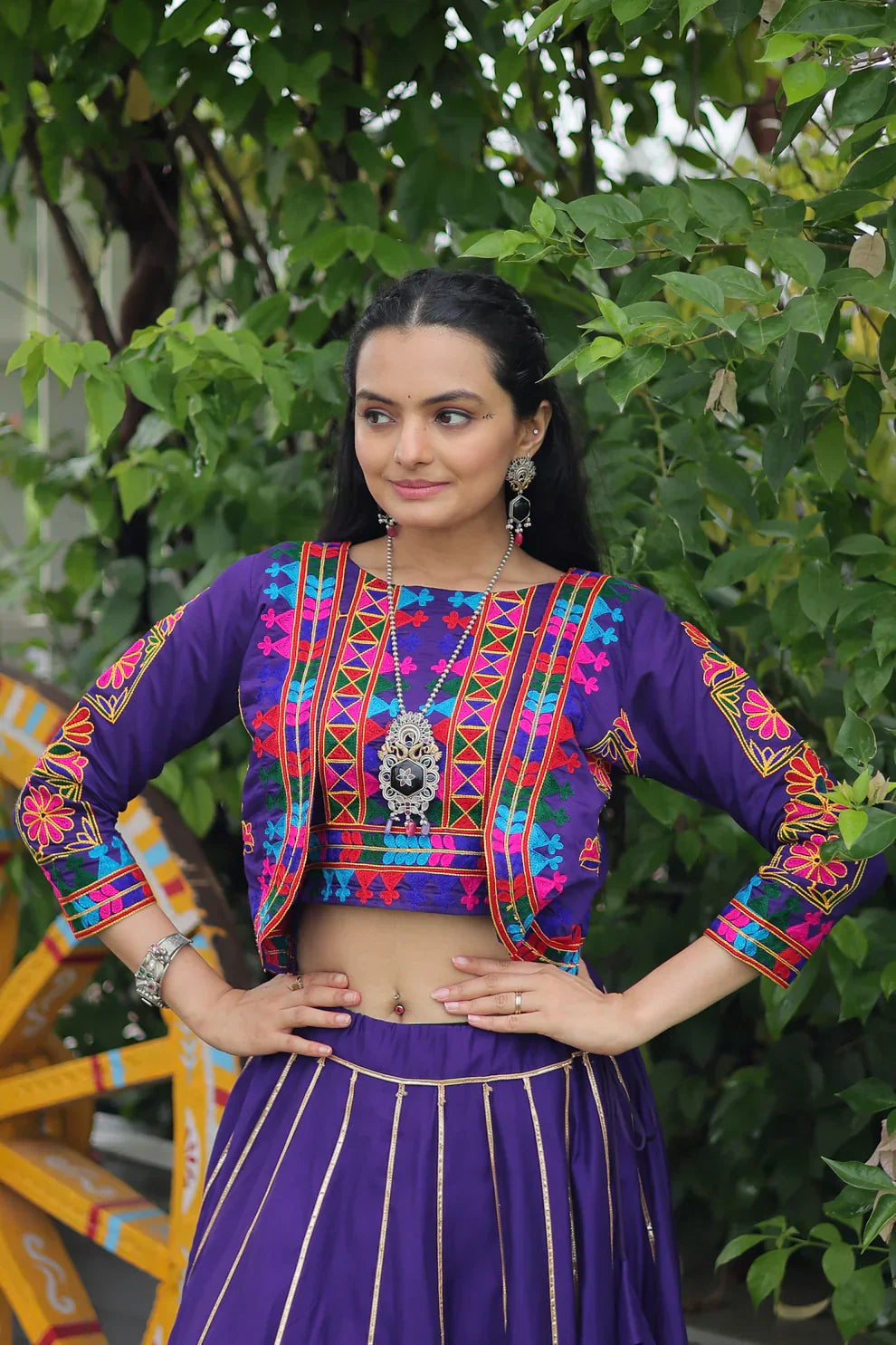 Elegant Roman Fabric Lehenga with Gota-Patti Lace & Kutchi Gamthi Embroidered Full-Stitched Top