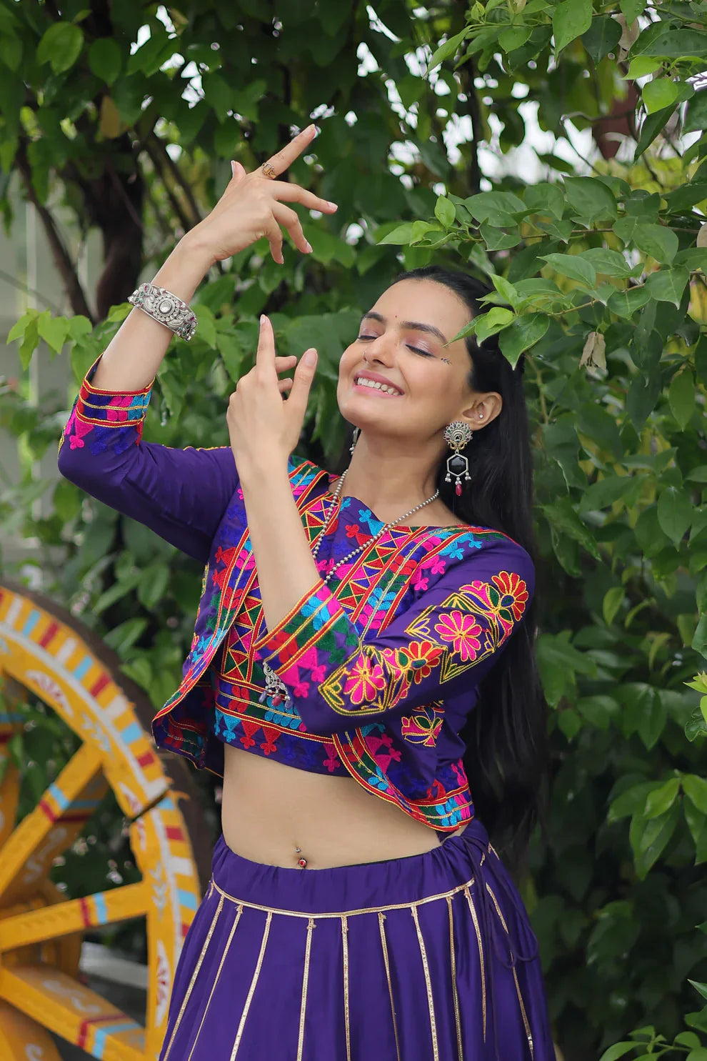 Elegant Roman Fabric Lehenga with Gota-Patti Lace & Kutchi Gamthi Embroidered Full-Stitched Top