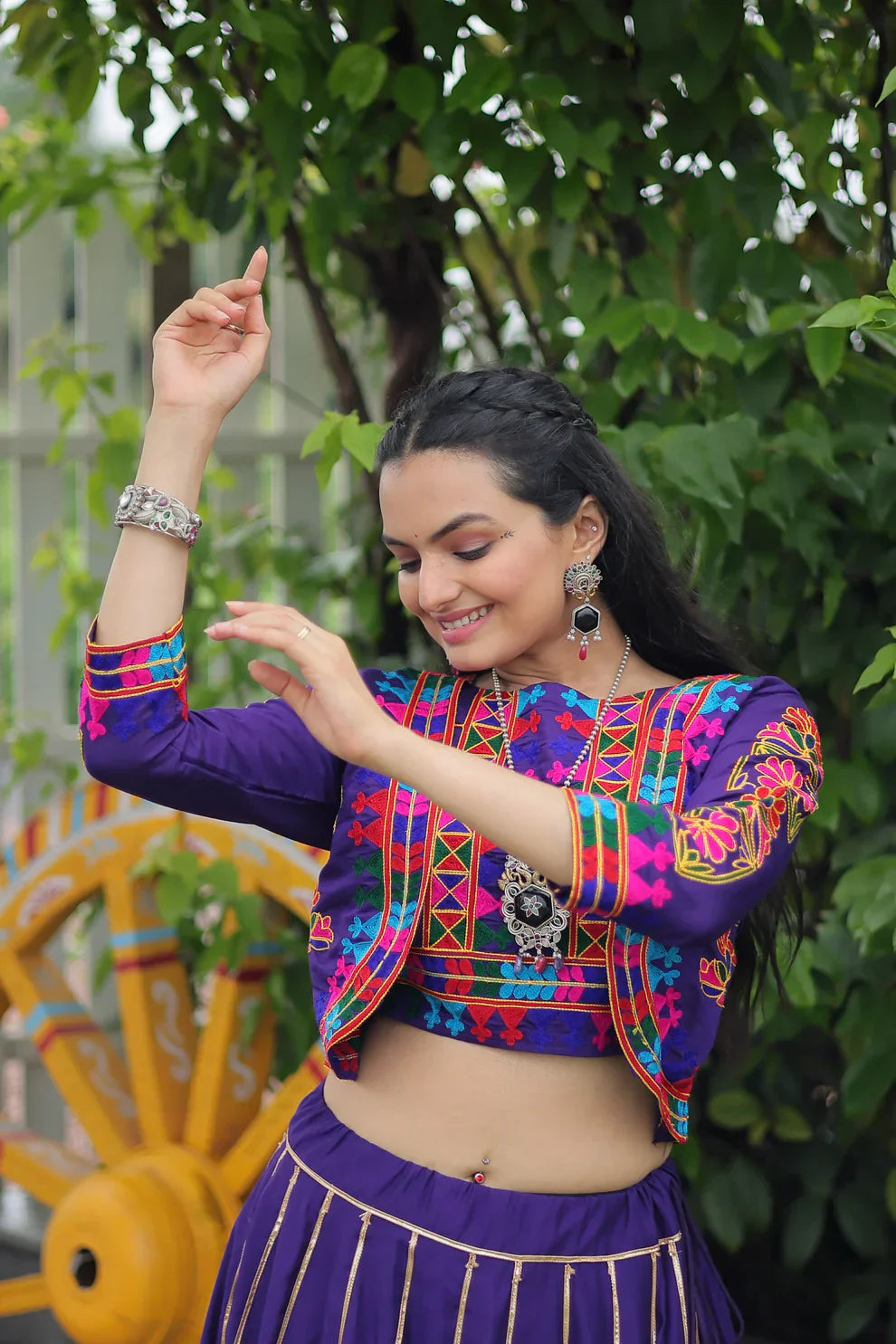 Elegant Roman Fabric Lehenga with Gota-Patti Lace & Kutchi Gamthi Embroidered Full-Stitched Top