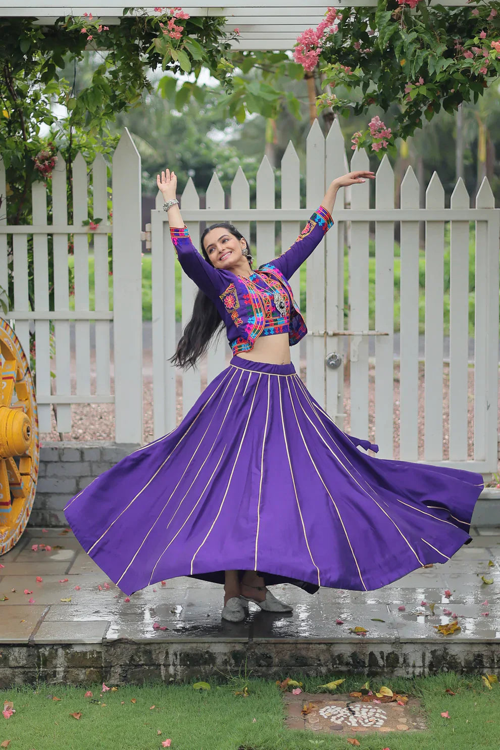 Elegant Roman Fabric Lehenga with Gota-Patti Lace & Kutchi Gamthi Embroidered Full-Stitched Top