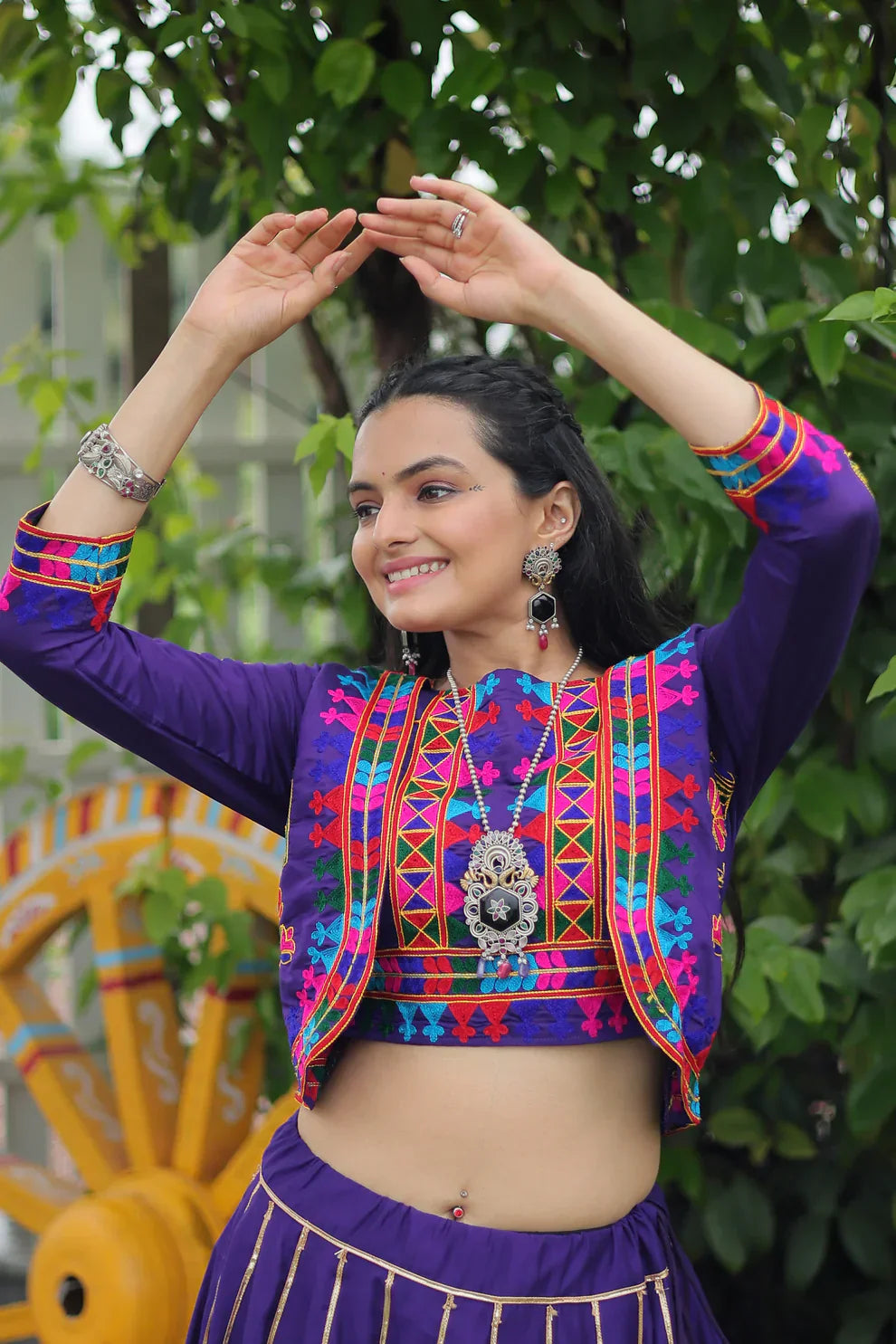 Elegant Roman Fabric Lehenga with Gota-Patti Lace & Kutchi Gamthi Embroidered Full-Stitched Top