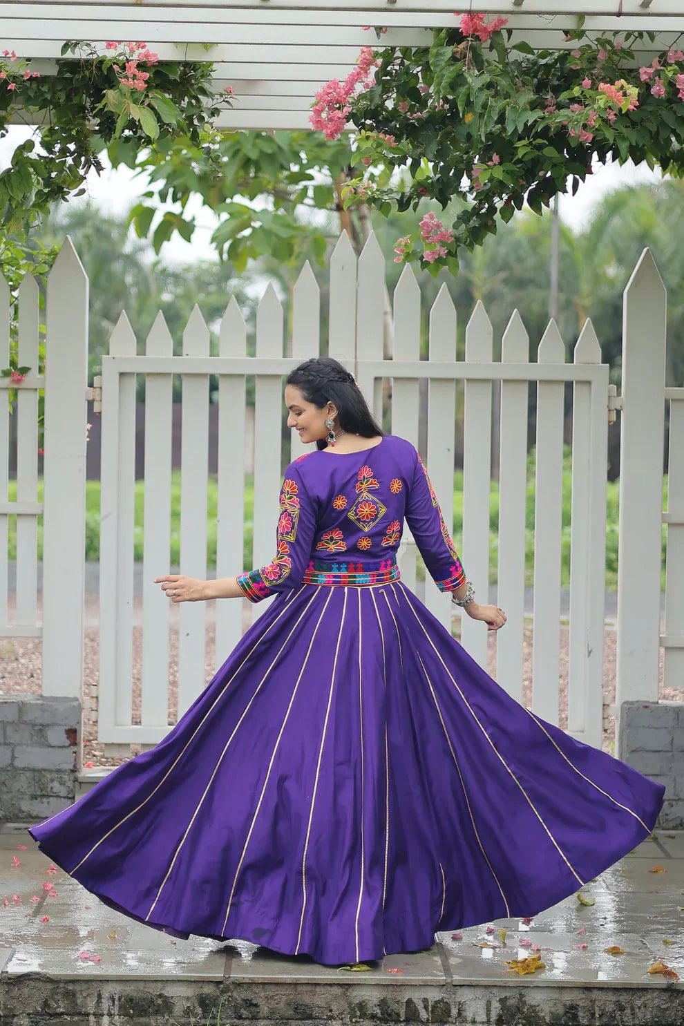 Elegant Roman Fabric Lehenga with Gota-Patti Lace & Kutchi Gamthi Embroidered Full-Stitched Top