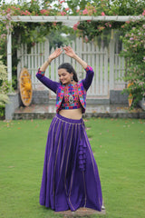 Elegant Roman Fabric Lehenga with Gota-Patti Lace & Kutchi Gamthi Embroidered Full-Stitched Top