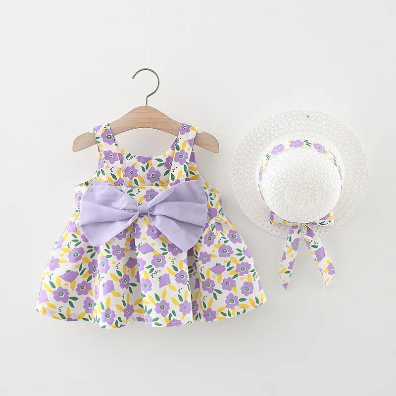 Baby Girls Lavender Dress with Bow and Hat – Soft Cotton Outfit