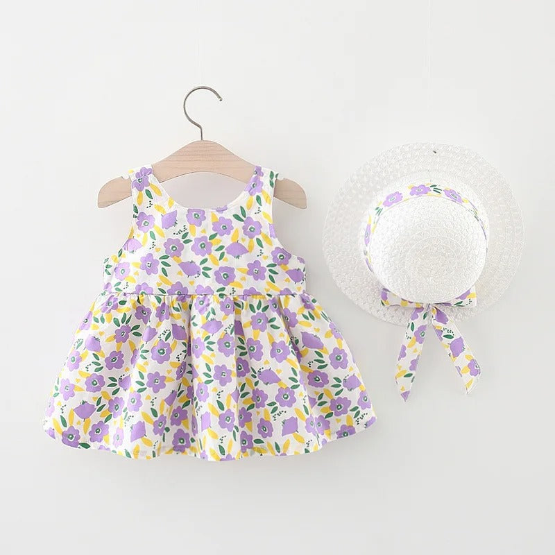 Baby Girls Lavender Dress with Bow and Hat – Soft Cotton Outfit