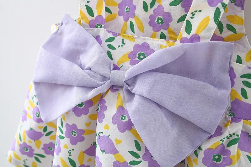Baby Girls Lavender Dress with Bow and Hat – Soft Cotton Outfit