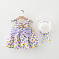 Baby Girls Lavender Dress with Bow and Hat – Soft Cotton Outfit