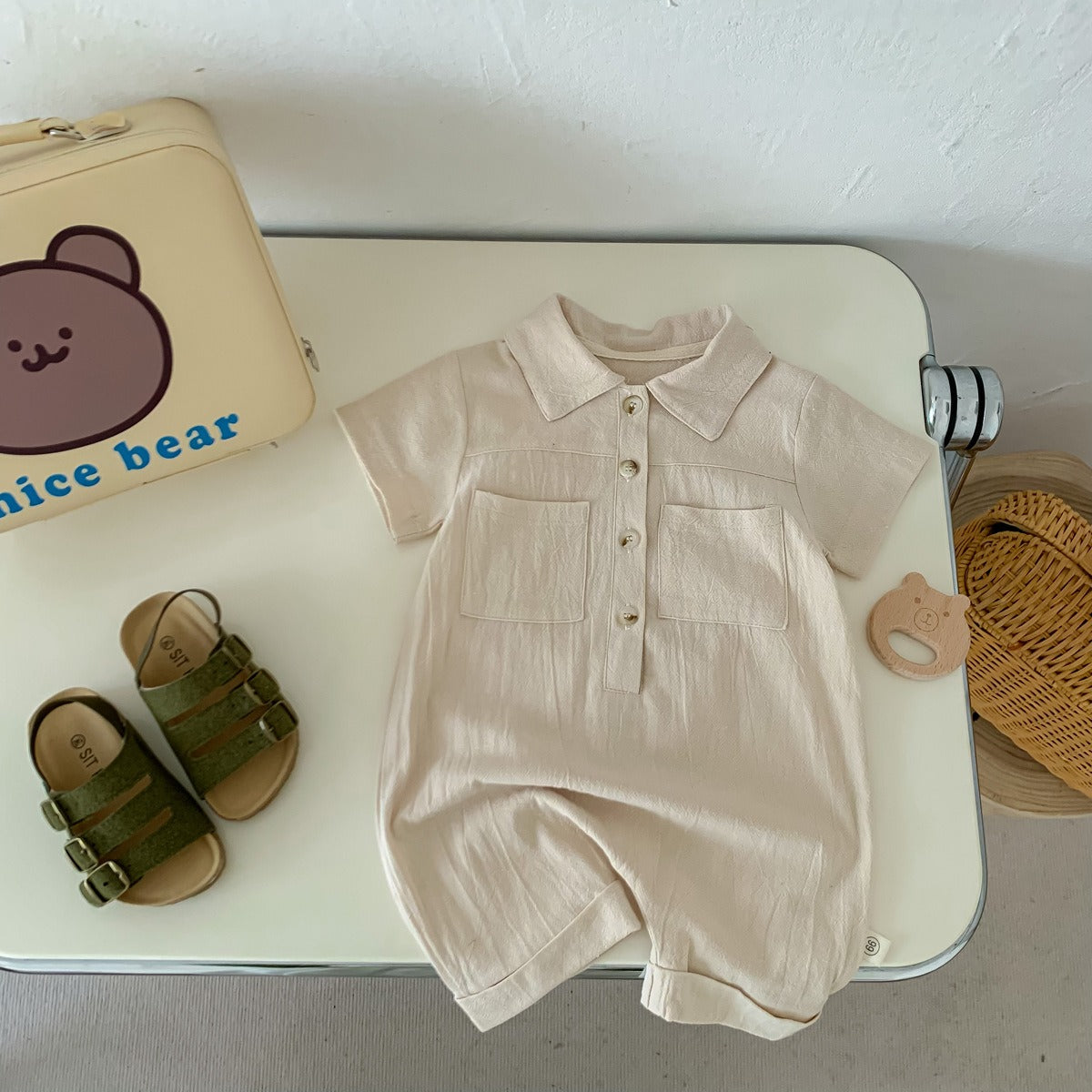 Liam Baby Boys Linen Collared Romper – Lightweight and Stylish One-Piece Outfit