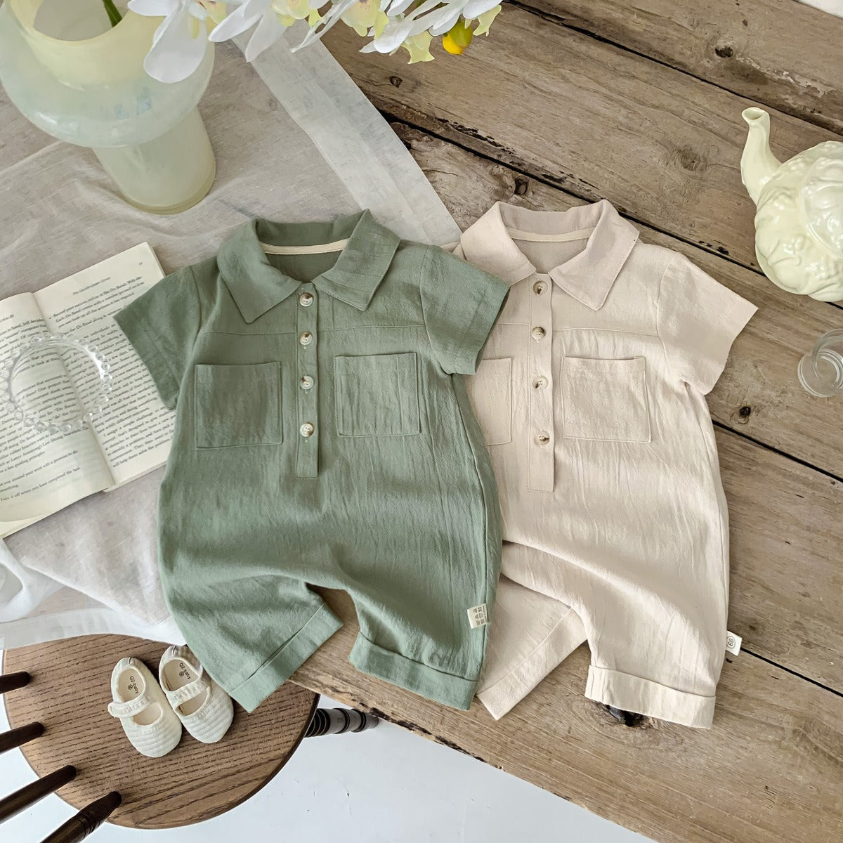 Liam Baby Boys Linen Collared Romper – Lightweight and Stylish One-Piece Outfit