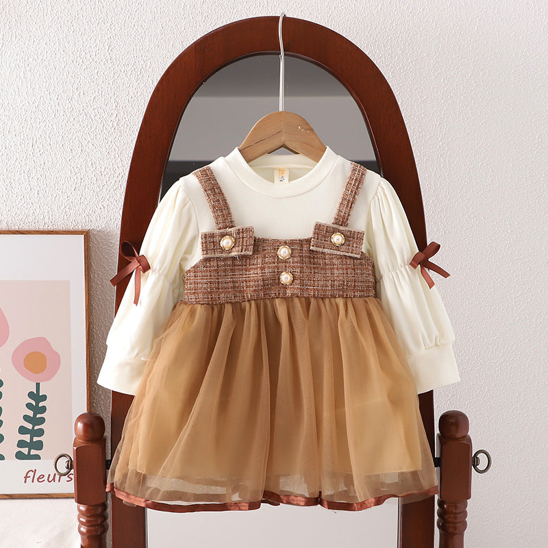 Baby Girls Long Sleeve Suspender Frill Dress – Cotton Blend Outfit