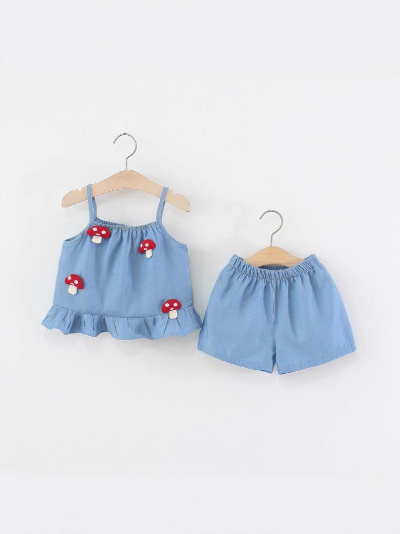 Luna Blue Mushroom Baby Girls Cotton Outfit Set – Adorable Top and Bottom for Infants and Toddlers