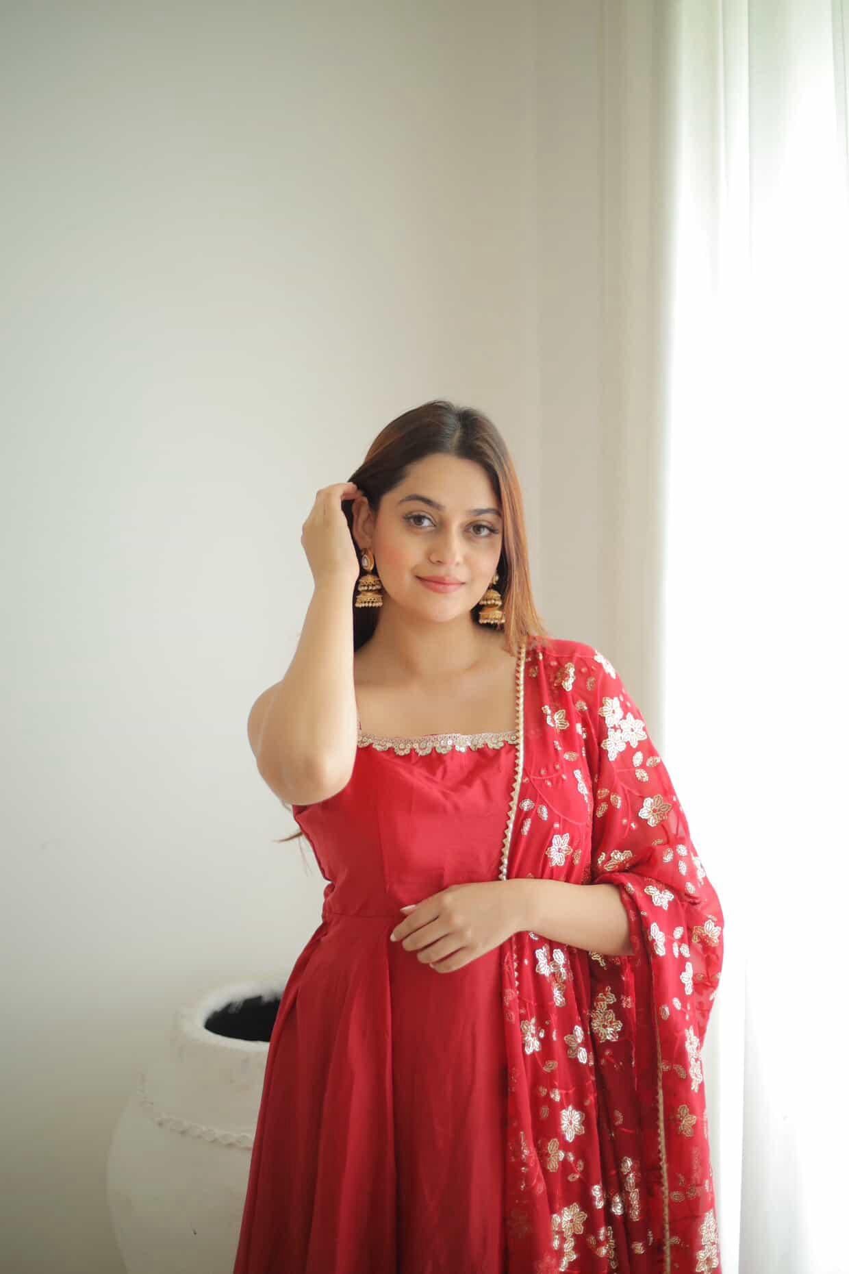 Manjula Maroon Georgette Anarkali Gown Suit Set with Sequin Dupatta